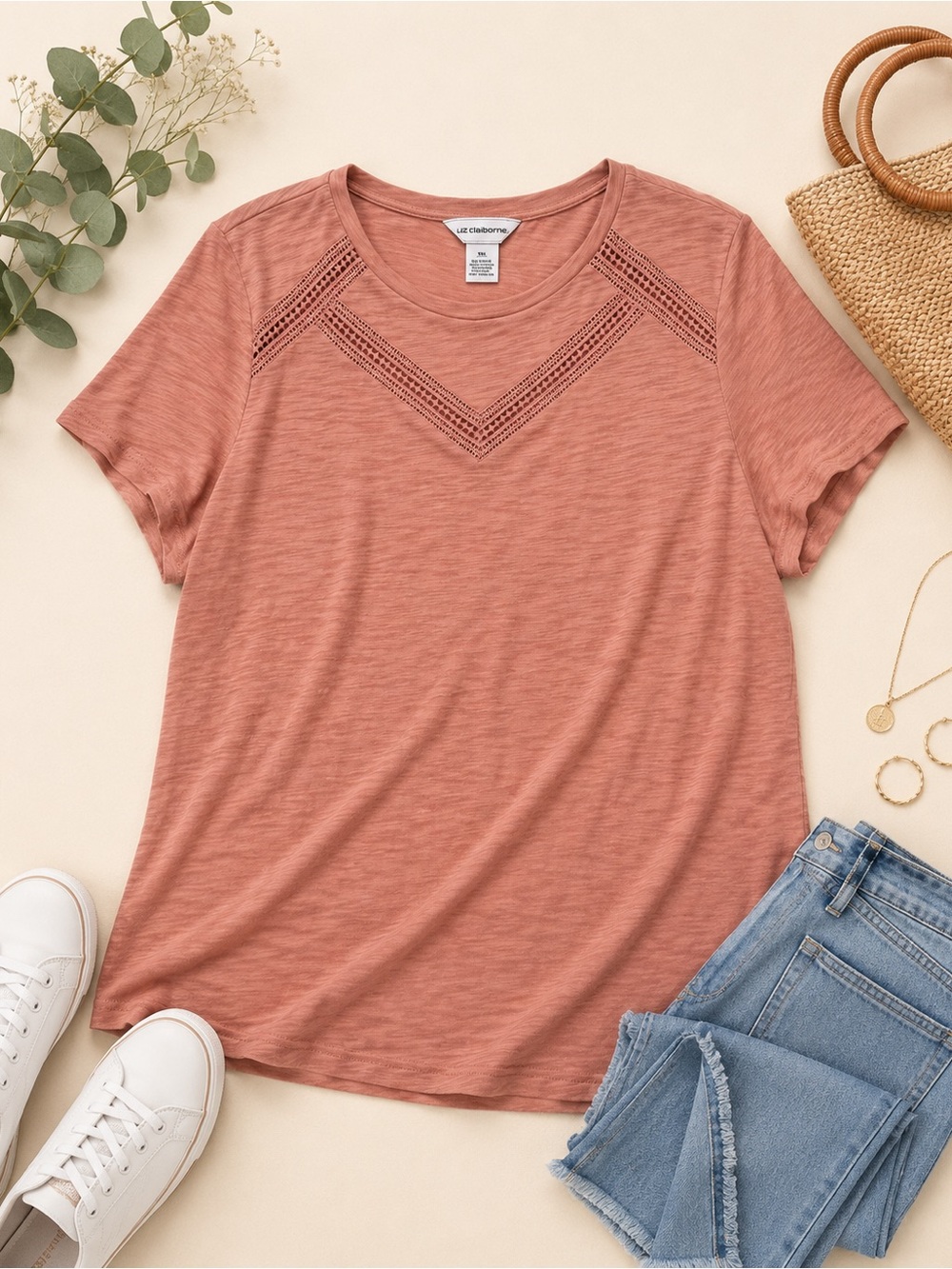 Liz Claiborne Dusty Rose Crochet Detail Tee XXL